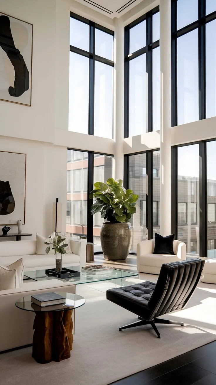 Sunlight streams through expansive windows, illuminating the airy elegance of this modern living space. The interplay of textures-from the plush white sofa to the sleek black leather chair-creates a sophisticated ambiance, perfectly complemented by the minimalist art and lush greenery. A sanctuary of calm and refined style.