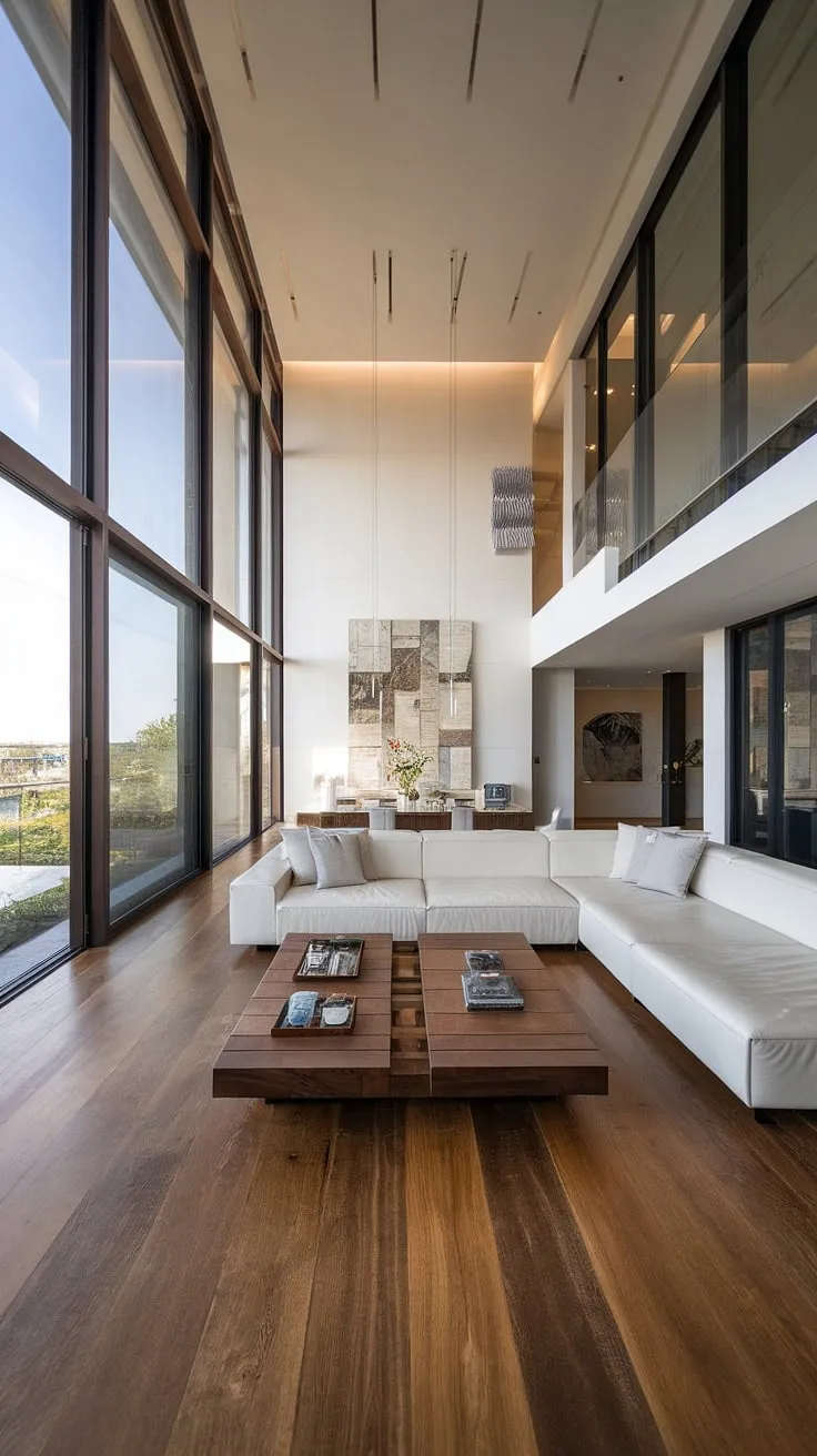 Sunlight streams through floor-to-ceiling windows, illuminating the airy elegance of this dream living room. The minimalist white sofa, complemented by warm wooden floors and carefully curated art, creates a space of serene sophistication. A perfect sanctuary for relaxation and contemplation.