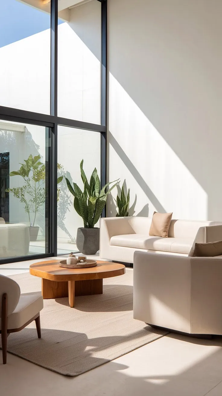 Sunlight streams into this serene villa living room, illuminating the minimalist elegance of the white sofa and the warm tones of the wooden coffee table. A sense of calm permeates the space, enhanced by the lush potted plant and the soft beige accents. This is where tranquility meets modern luxury.