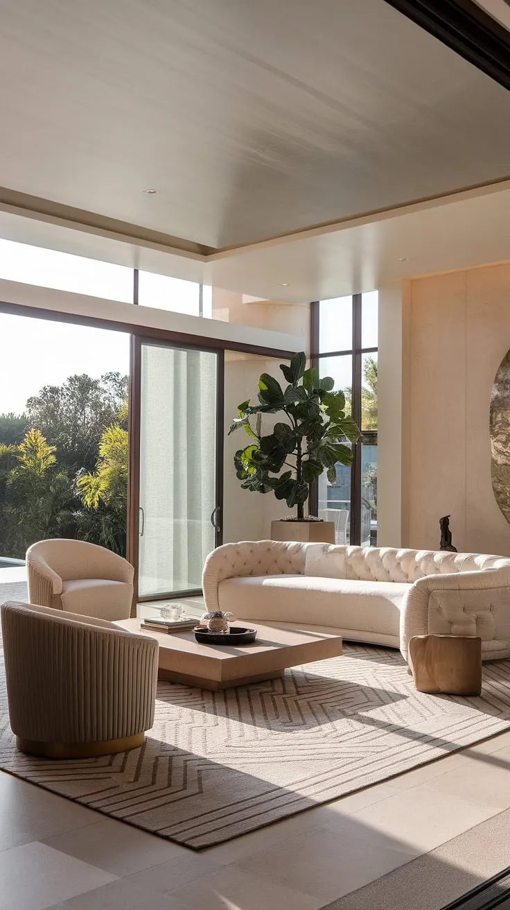 Sunlight streams into this luxurious villa living room, illuminating the plush white sofa and elegant curved chairs. The geometric rug and carefully chosen artwork complete the sophisticated ambiance, creating a space of unparalleled comfort and style. A perfect sanctuary for relaxation and refined living.