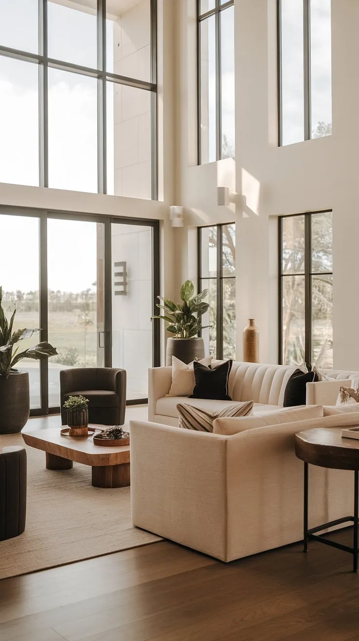 Indulge in the breathtaking views and refined comfort of this modern villa. The spacious living area, featuring a plush beige sofa and stylish black chair, offers a sanctuary of tranquility. Natural light and carefully chosen plants complete this picture of effortless luxury.