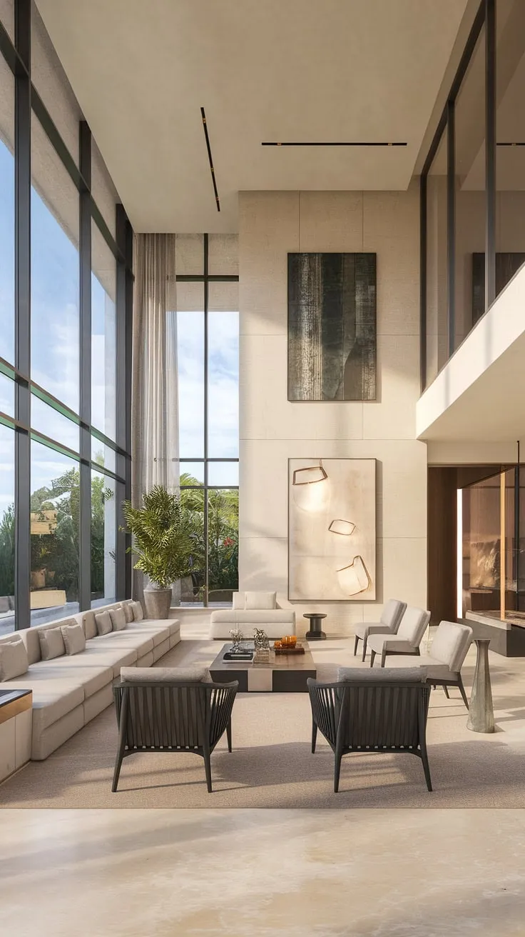 Sunlight streams through expansive windows, illuminating the airy elegance of this villa's living room. The minimalist design, punctuated by carefully chosen artwork and plush seating, creates a haven of sophisticated comfort. A sense of calm pervades the space, a testament to the seamless blend of luxury and understated style.