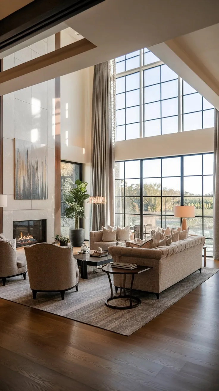 Indulge in the unparalleled luxury of this villa's living room. The soaring ceilings, warm fireplace, and abundant natural light create an atmosphere of refined comfort, perfectly complemented by plush furnishings and tasteful décor. A sanctuary of serenity awaits.