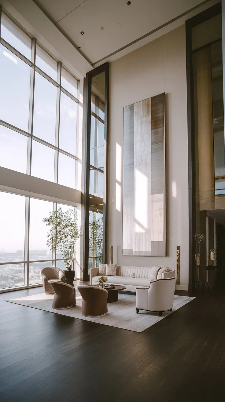 Bathed in natural light, this modern living room exudes a sense of calm and sophisticated luxury. The high ceilings and large windows create an airy atmosphere, perfectly complemented by the minimalist furniture and striking abstract artwork. A perfect sanctuary for relaxation and refined living.