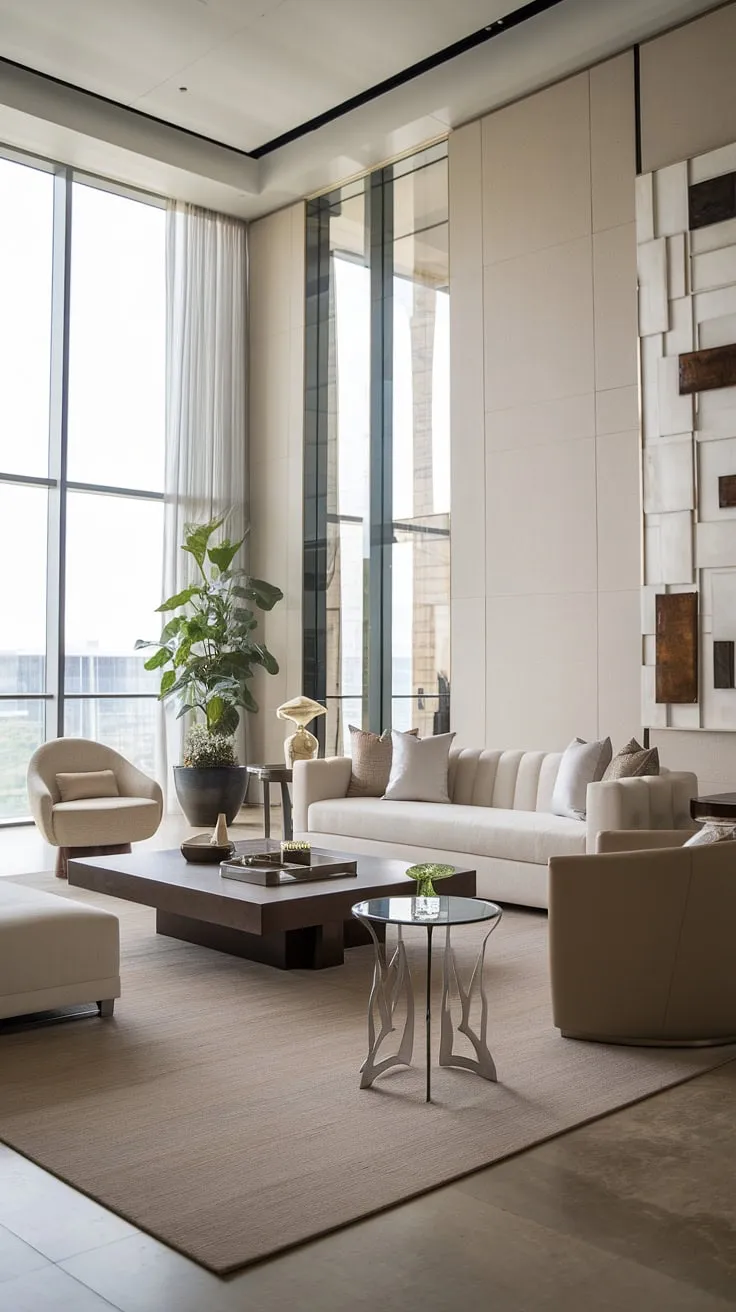 Sunlight streams through expansive windows, illuminating the serene elegance of this modern living room. Neutral tones, plush textures, and carefully curated art create a haven of calm and sophisticated style. The space effortlessly blends comfort and contemporary design, a testament to understated luxury.