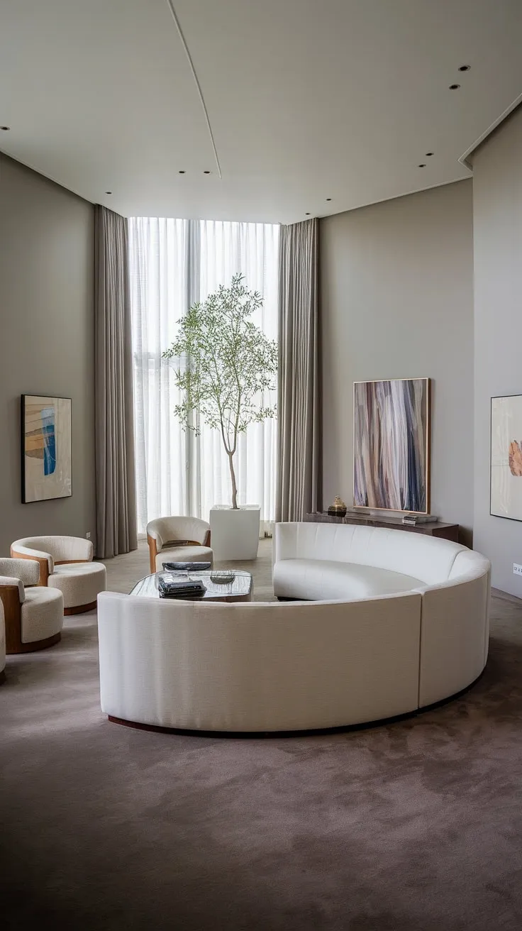 Sunlight streams into this luxurious villa, illuminating the elegant curves of the white sofa and the sophisticated grey palette. A sense of calm and refined living permeates the space, enhanced by carefully chosen artwork and the lush greenery. This is where tranquility meets modern design.