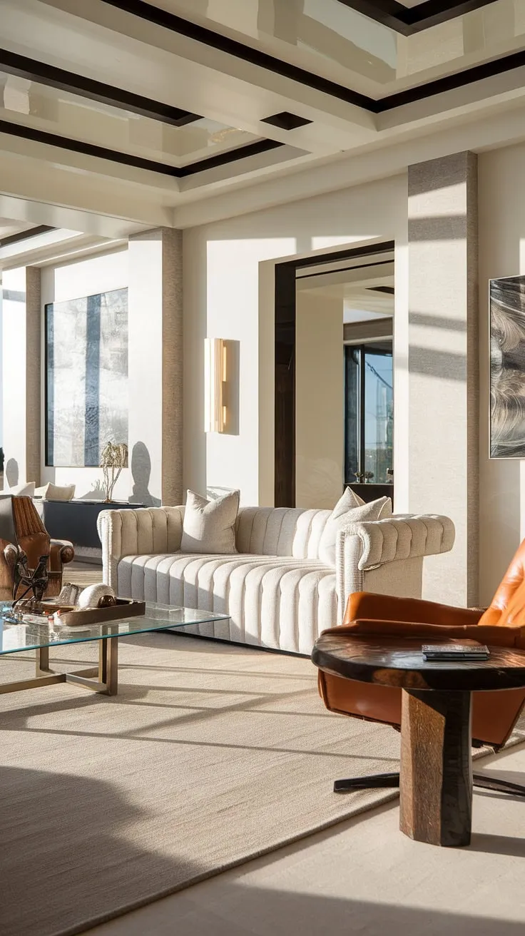Bathed in natural light, this modern living room exudes understated elegance. The plush white sofa, complemented by a rich leather armchair and a glass coffee table, creates a space of refined comfort and effortless style. A perfect sanctuary for relaxation and sophisticated living.