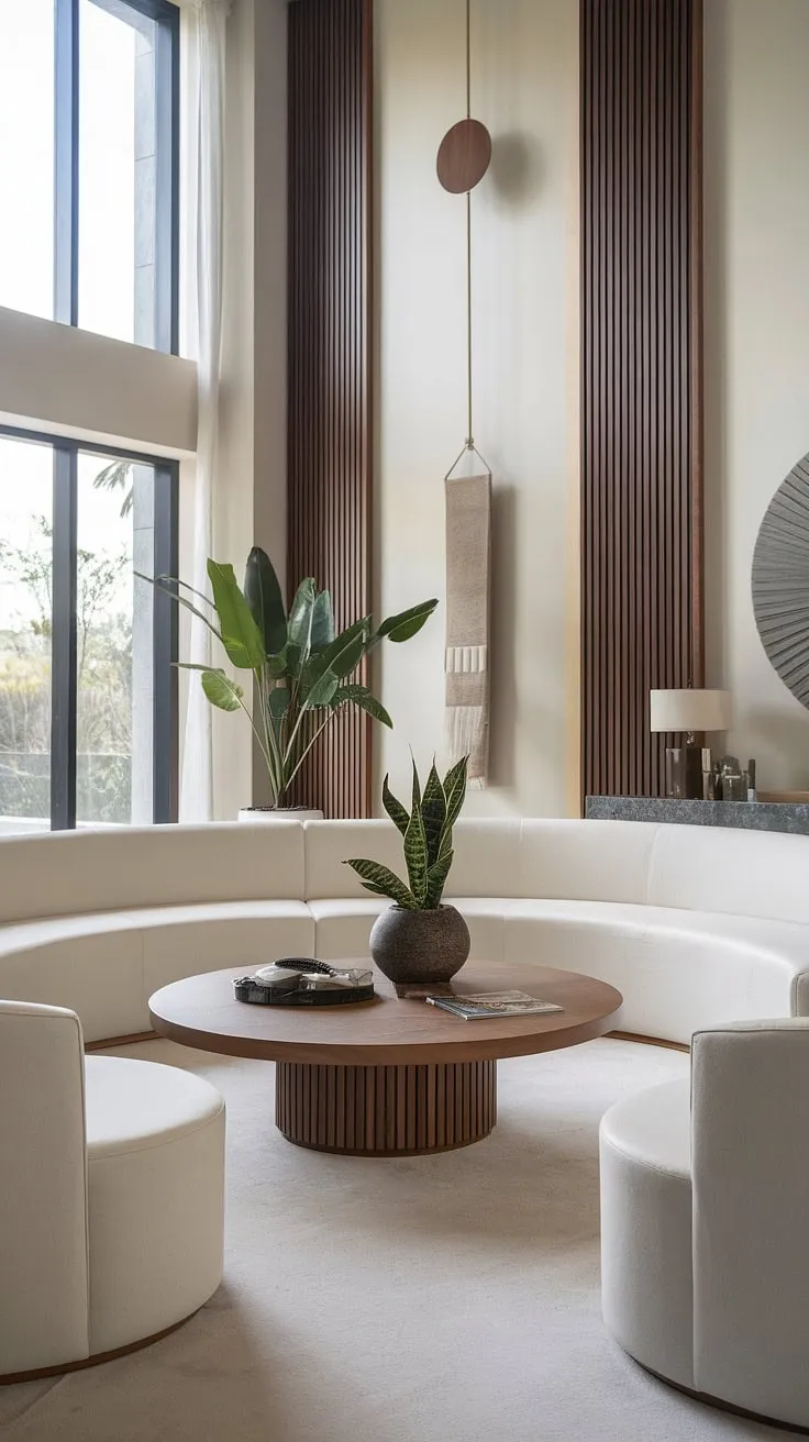 Sunlight streams through expansive windows, illuminating the elegant curves of the white sofa and the minimalist design of this luxurious villa living room. A sense of calm and sophisticated style permeates the space, enhanced by carefully chosen decorative accents.