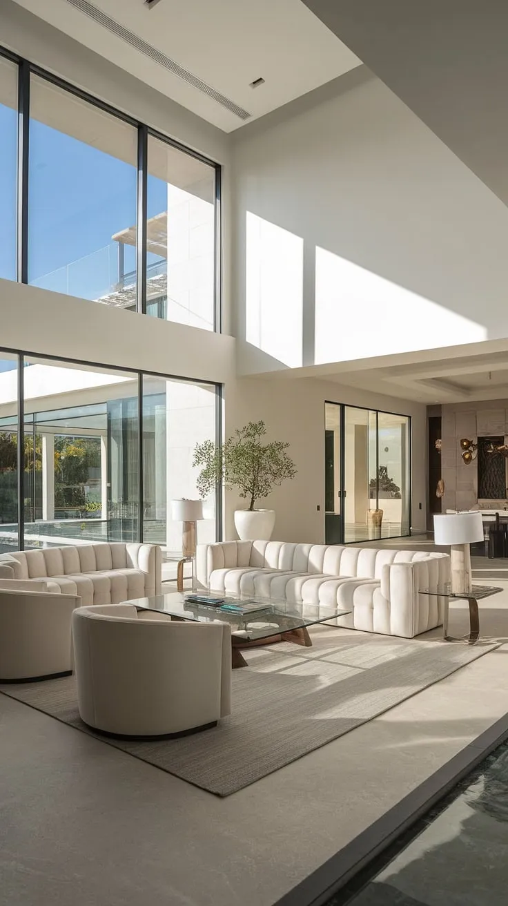 Sunlight streams through expansive windows, illuminating the minimalist elegance of this villa's living room. The plush white sofa and sleek lines create a haven of calm, perfectly complemented by the cool grey concrete floor and a touch of greenery. A sophisticated sanctuary where modern luxury meets effortless style.