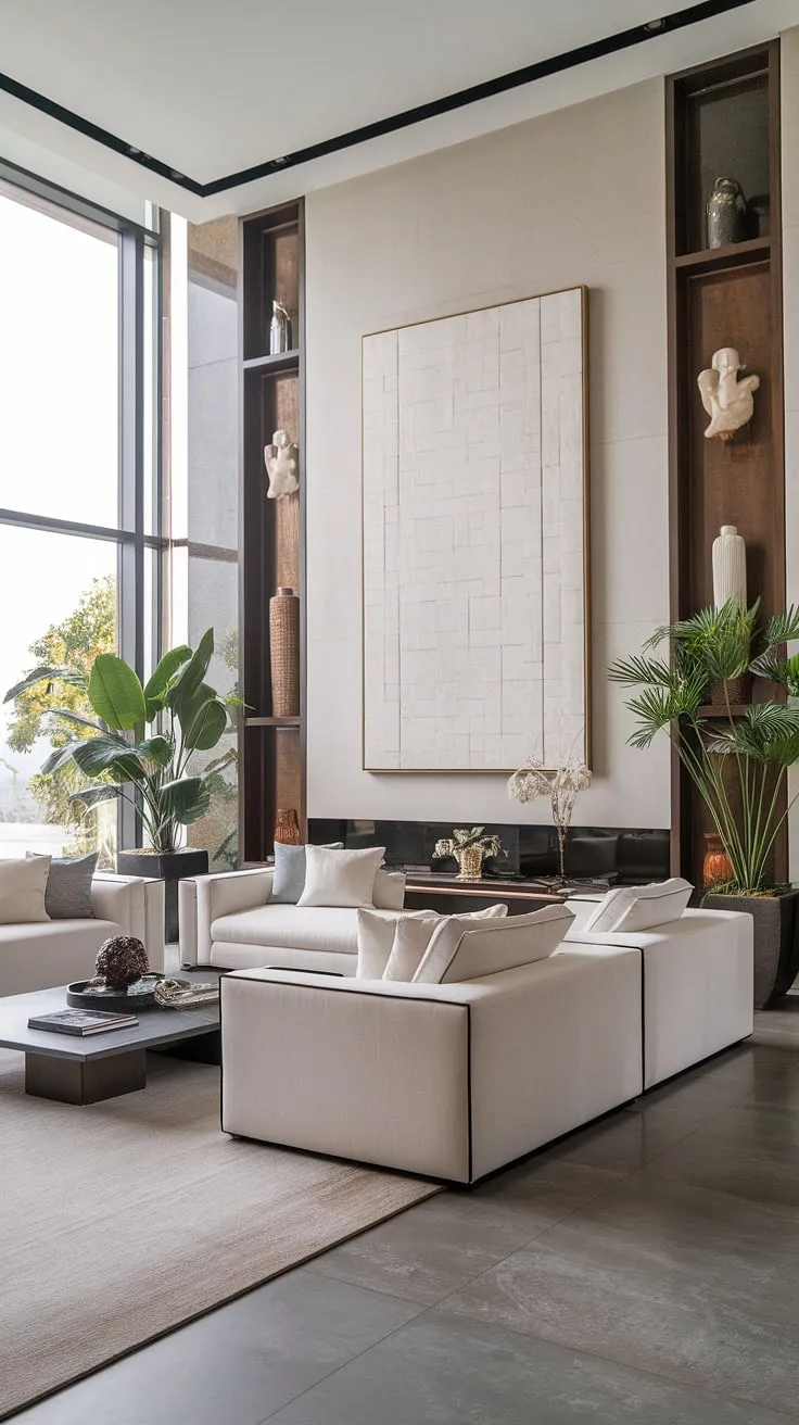 Sunlight streams into this luxurious villa living room, illuminating the crisp white sofa and sleek black coffee table. The grey tile floor complements the modern aesthetic, while pops of green from potted plants and artwork add warmth and personality. A perfect blend of minimalist design and comfortable elegance.