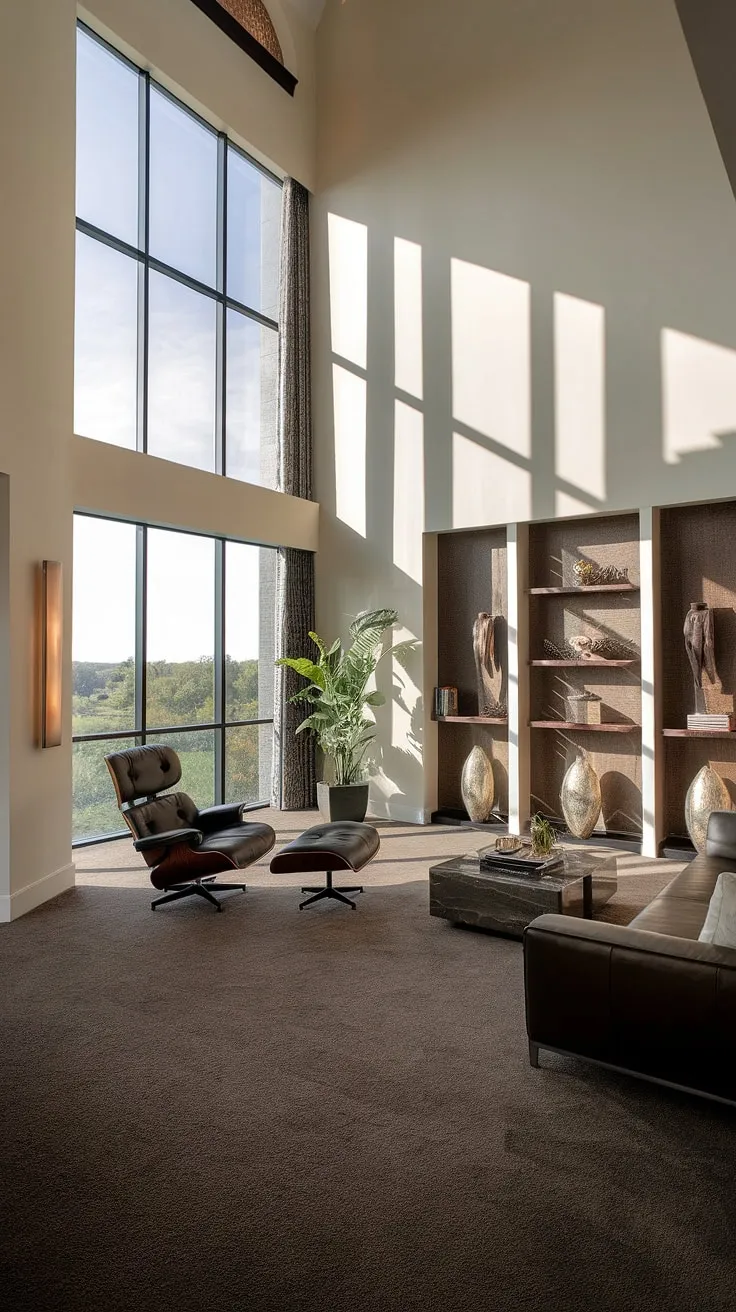 Sunlight streams through the expansive window, illuminating the luxurious textures and calming atmosphere of this dream home's living room. The carefully curated space, complete with a plush lounge chair and a view of nature, offers a sanctuary of peace and sophisticated comfort. A testament to refined living.