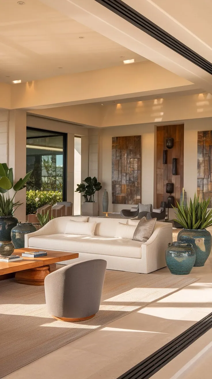 This luxurious living room is a testament to understated elegance. The high ceilings and abundant natural light amplify the feeling of spaciousness, while the carefully curated furniture and artwork create a harmonious and inviting atmosphere. A true haven of tranquility and style.