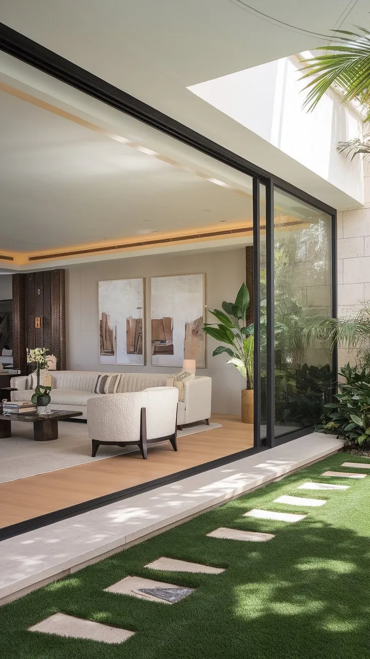 Where indoor serenity meets outdoor bliss. The seamless transition between living space and garden creates a tranquil haven, perfectly embodying modern luxury and effortless elegance. A sanctuary for relaxation and rejuvenation, this space is a testament to sophisticated design.