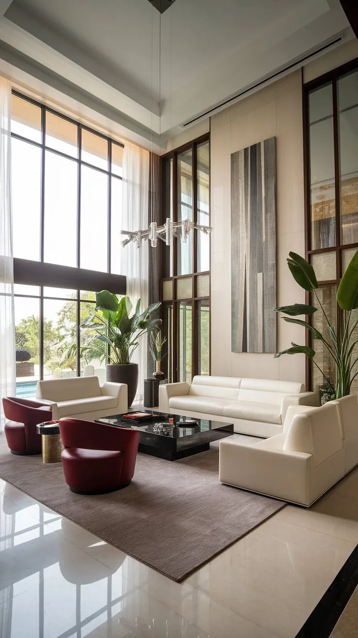 This luxurious villa living room is a testament to refined modern design. The high ceilings and abundant natural light create an airy ambiance, while the sleek white sofa and vibrant red accent chairs offer both comfort and style. The carefully curated details, from the artwork to the potted plants, contribute to a feeling of calm and understated opulence.
