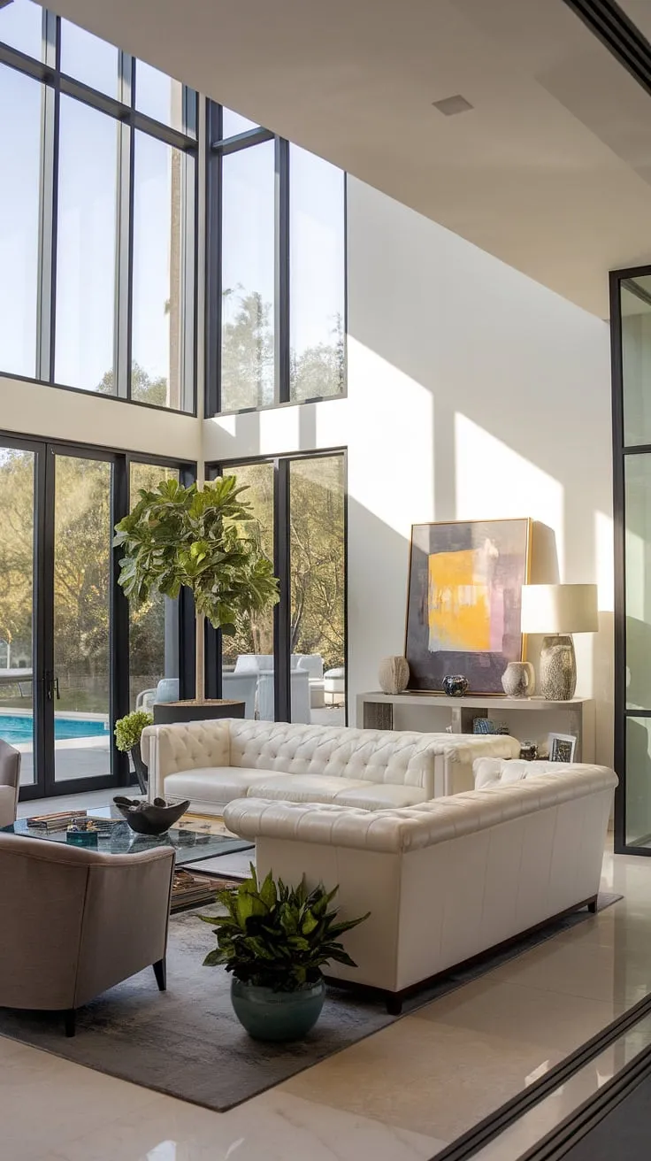 This modern villa's living room is a sanctuary of light and understated luxury. The high ceilings and abundant natural light create a feeling of spaciousness, perfectly complemented by the clean lines of the furniture and the subtle elegance of the artwork. A tranquil retreat where comfort and style seamlessly intertwine.