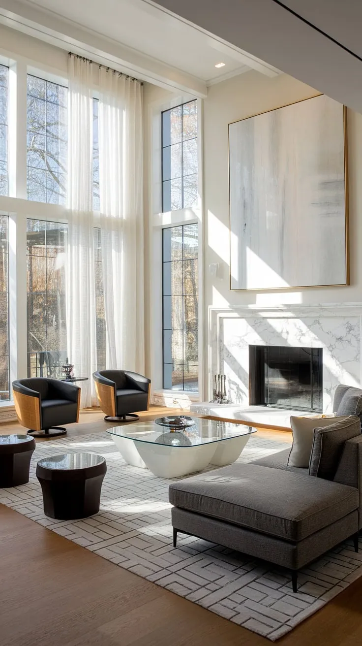 Sunlight streams through expansive windows, illuminating the sophisticated lines of this modern living room. A sleek black fireplace contrasts beautifully with the white marble surround, anchoring the gray sectional and creating a space of understated elegance. The carefully curated furnishings, including the swivel chairs and geometric rug, complete the refined aesthetic.