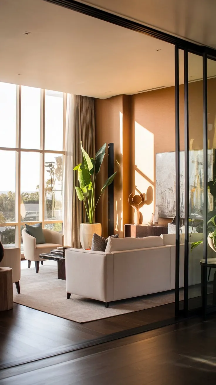 This dream house living room is the epitome of sophisticated relaxation. The warm, inviting walls and dark wood floors provide a rich backdrop for the clean lines of the furniture and the lush greenery. A sanctuary of calm, designed for effortless living and unforgettable moments.