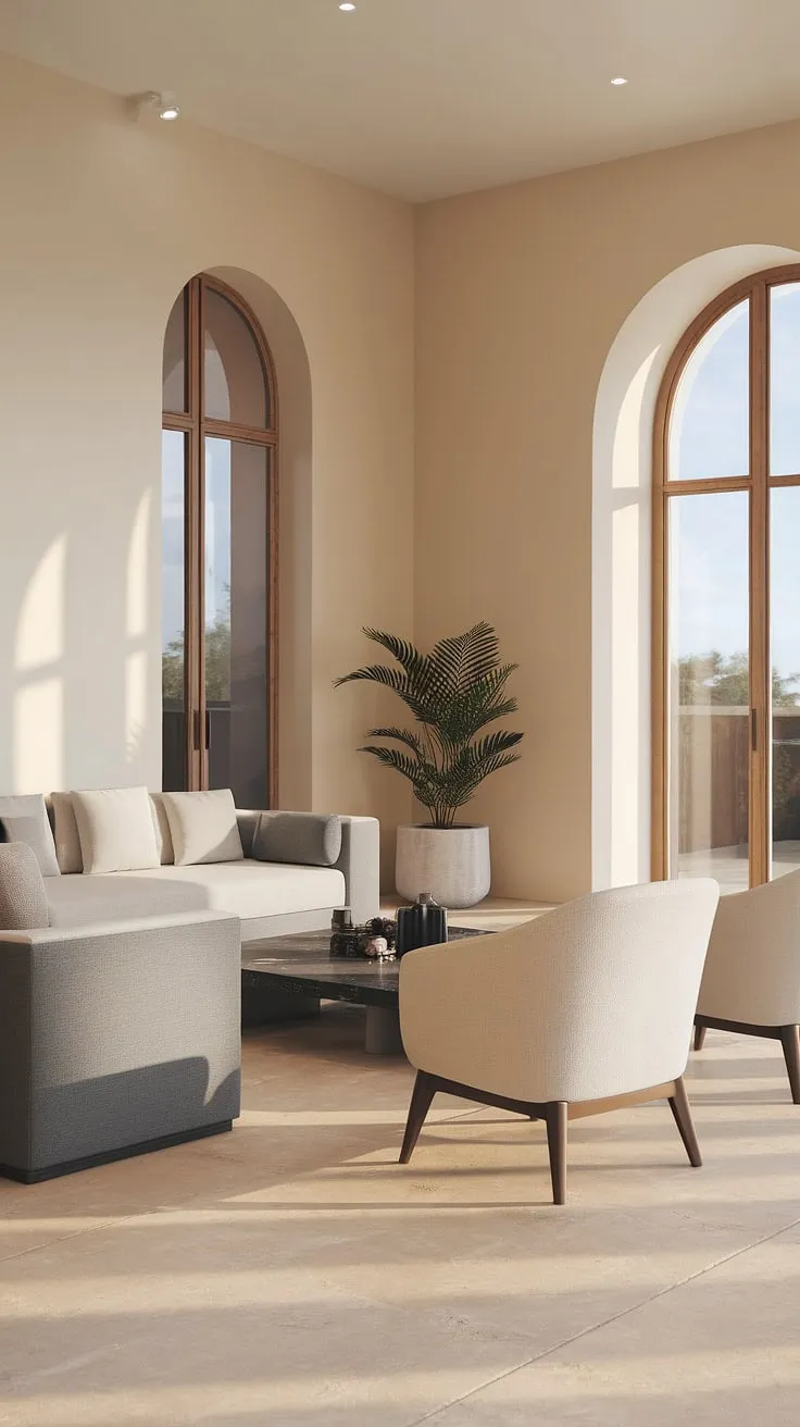 This modern villa living room is a testament to understated elegance. The neutral palette, punctuated by the sleek black coffee table and the warmth of the wooden window frames, creates a serene and inviting atmosphere. A space designed for relaxation and refined living.