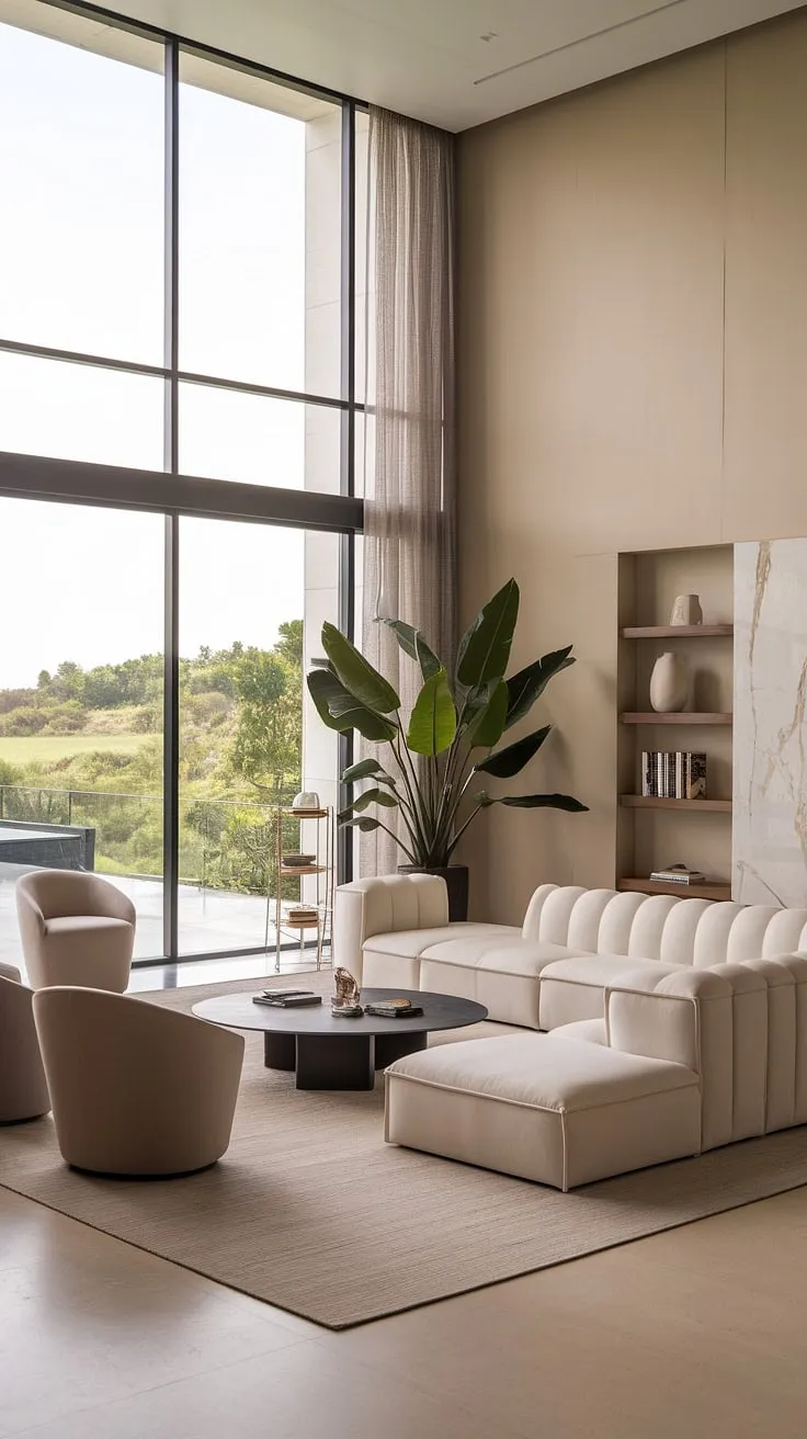 Unwind in sophisticated comfort. This luxurious living space seamlessly blends indoor elegance with the beauty of the outdoors, creating a sanctuary of calm and style. The carefully chosen furniture and accents complete the picture of refined living.