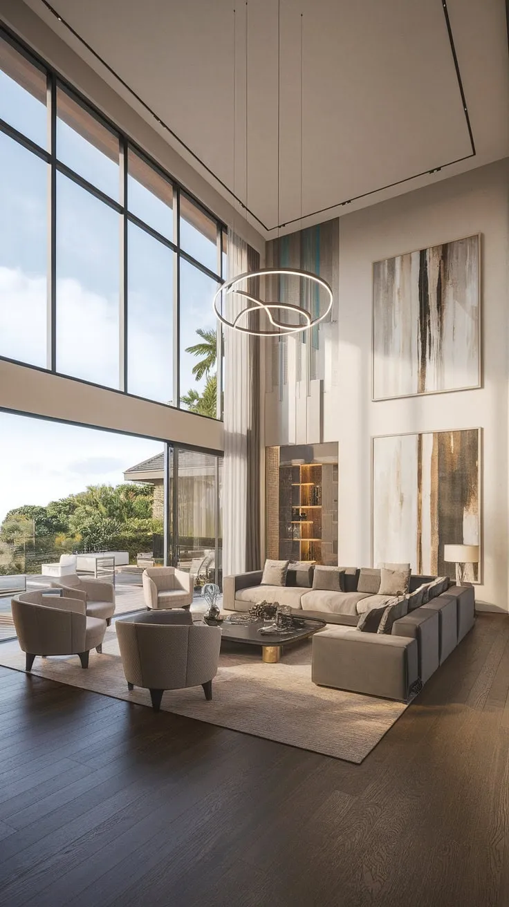 This modern villa's living room is a testament to luxurious simplicity. High ceilings and abundant natural light create an atmosphere of serenity, while the carefully chosen furniture and artwork add a touch of understated elegance. The spacious layout and warm wooden floors invite you to unwind and appreciate the finer things in life.