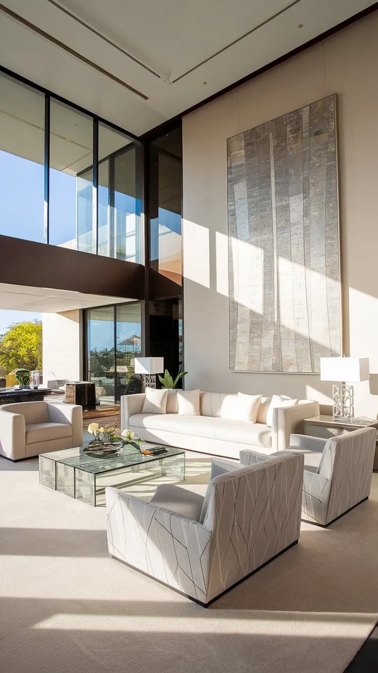 This modern villa's living room is a sanctuary of light and style. The high ceilings and expansive windows bathe the space in natural light, highlighting the clean lines of the furniture and the bold strokes of the abstract painting. A feeling of spaciousness and serenity is achieved through careful attention to detail, creating an inviting and luxurious atmosphere.