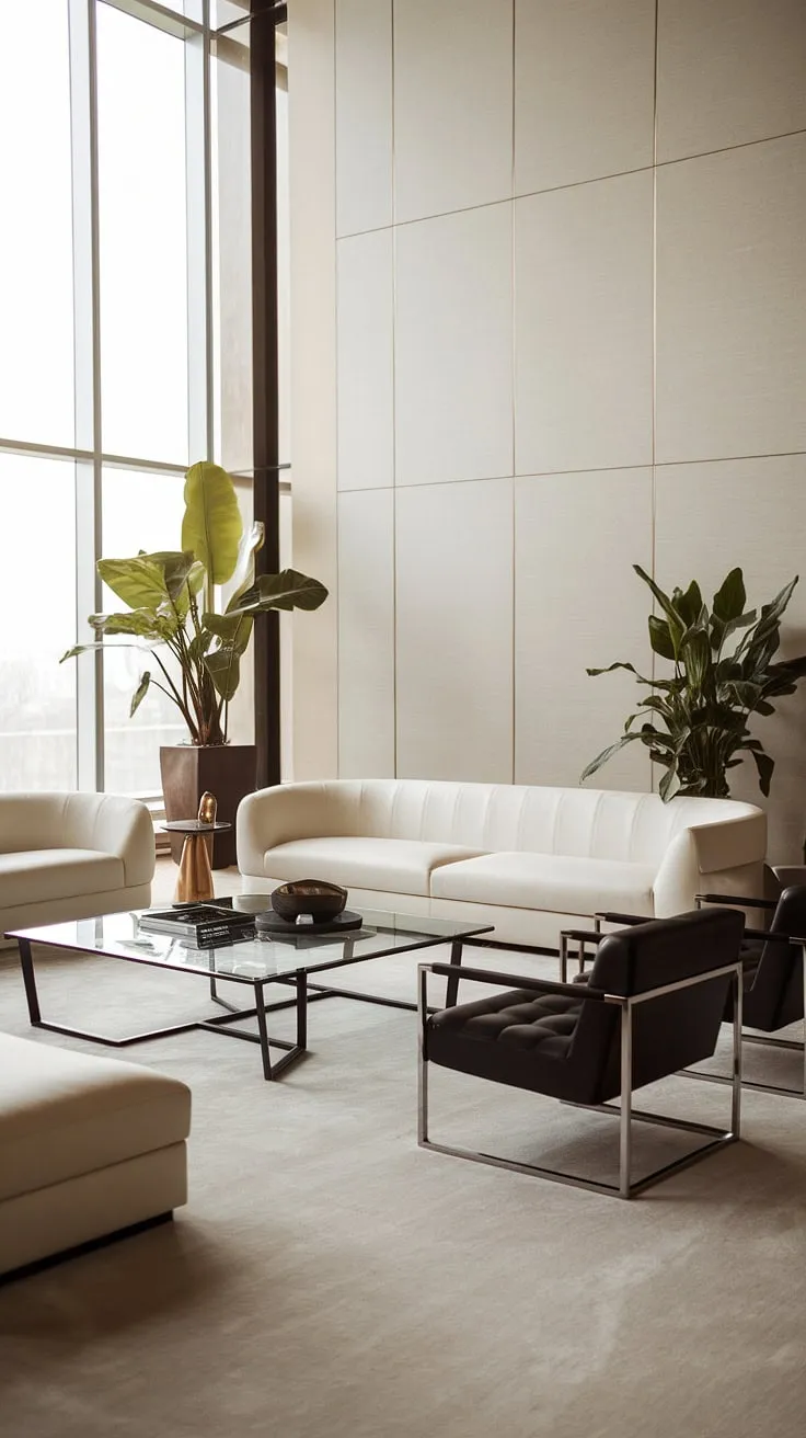 This modern living room is a sanctuary of calm. The spacious layout, bathed in natural light, features a luxurious white sofa and minimalist black chairs, all anchored by a stylish glass and metal coffee table. The subtle grey walls and beige carpet create a neutral backdrop, allowing the carefully chosen plants to pop.