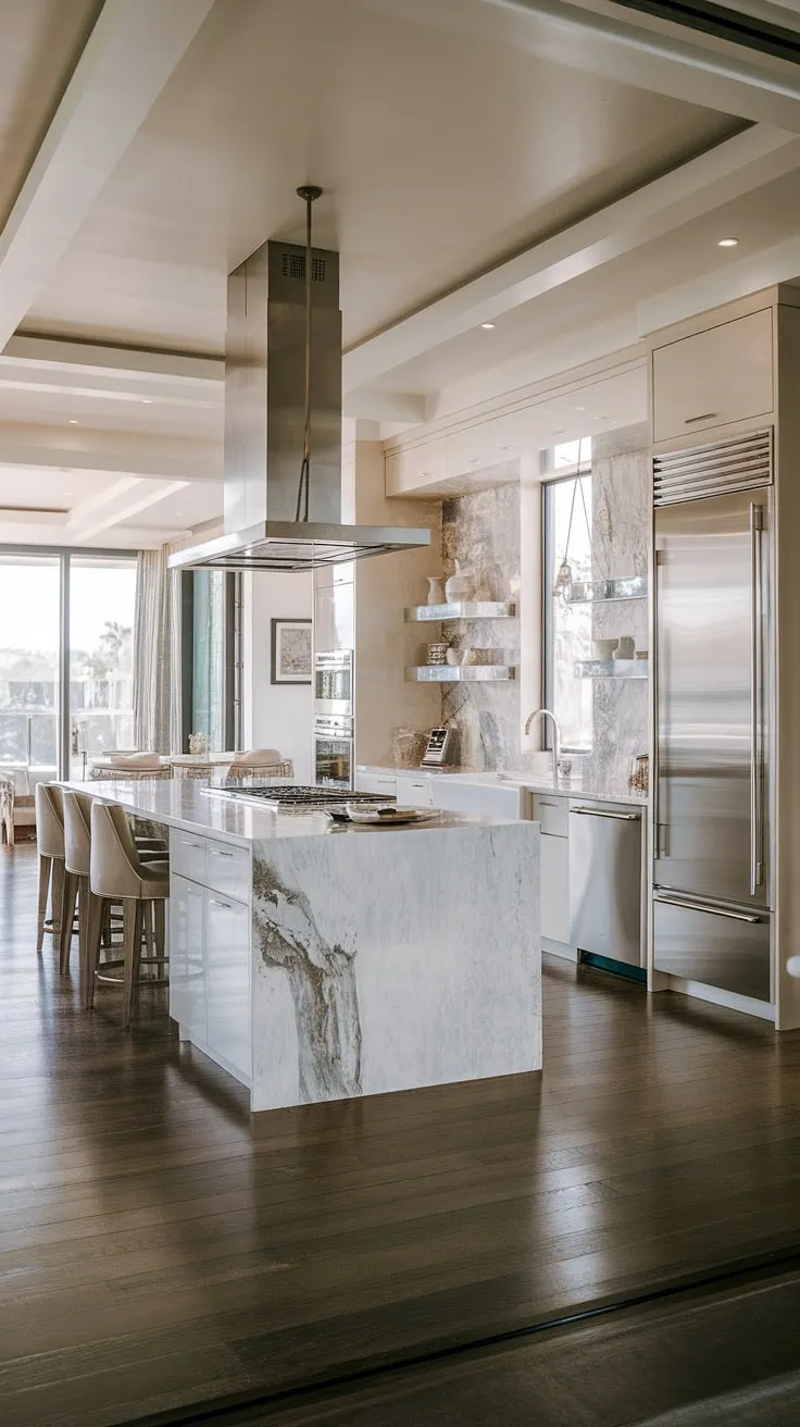Sunlight streams through the expansive windows, illuminating the sleek lines and luxurious details of this open-concept kitchen. The marble island, stainless steel appliances, and white cabinetry create a sophisticated atmosphere, perfect for both culinary creations and effortless entertaining. A true testament to modern design.