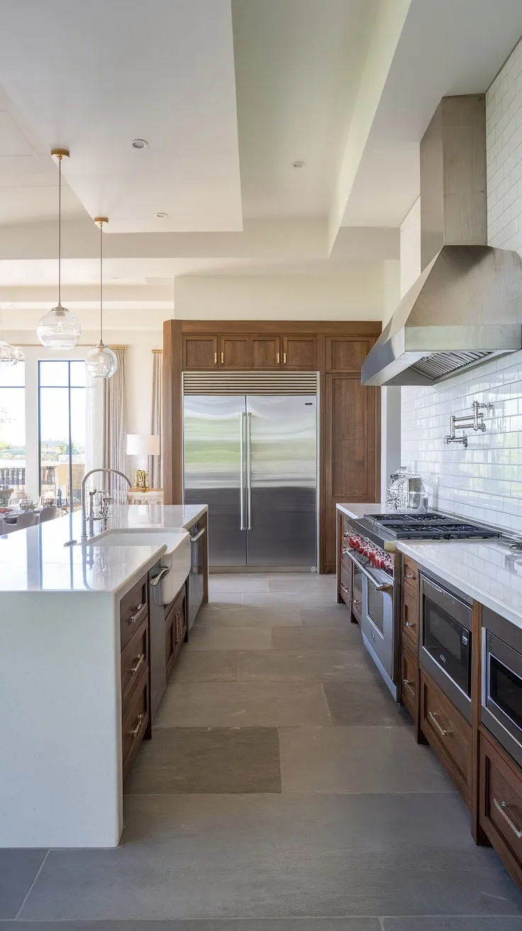 A haven of sophisticated design. This kitchen's clean lines, white subway tile backsplash, and spacious layout create a truly inviting atmosphere. The large island, complete with a built-in sink and cooktop, is the heart of this stunning, modern space. A testament to refined living.