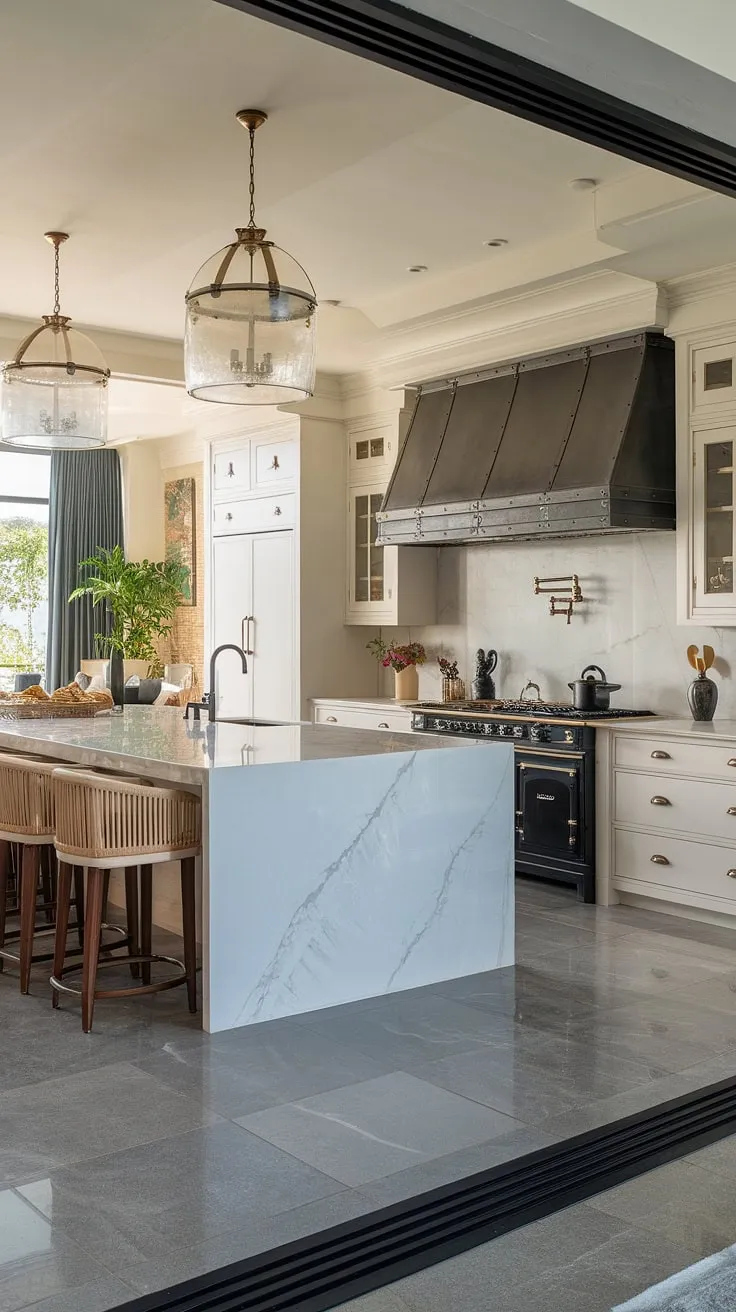 Modern luxury redefined. This open-concept kitchen, with its sleek white cabinetry, A stunning marble island, and high-end appliances, is the epitome of sophisticated design. The grey tile flooring and carefully chosen accents create a space that is both elegant and inviting.