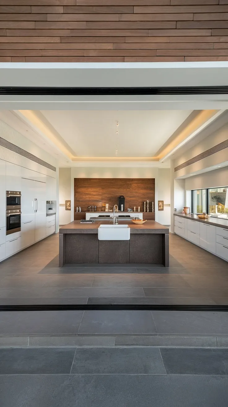 Modern luxury redefined. The sleek white cabinetry, dark countertop island, and warm wood accent wall create a sophisticated kitchen space that's both functional and breathtakingly beautiful. A perfect blend of form and function, this open-concept design is the heart of the home.