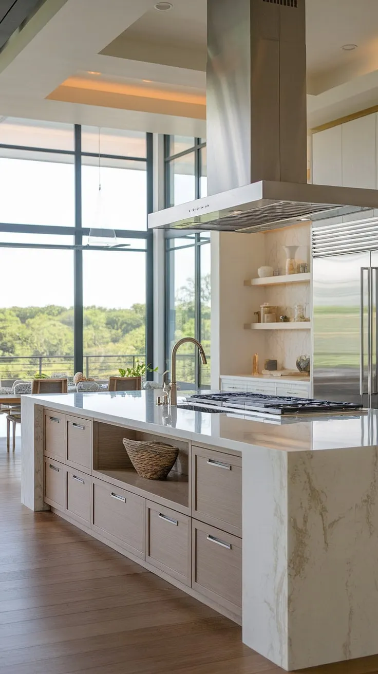 Modern luxury redefined. This open-concept kitchen seamlessly blends high-end appliances, a spacious island with built-in sink, and breathtaking views, creating a culinary haven where functionality meets unparalleled elegance. The warm wood floors and expansive window showcasing lush greenery complete the A-list ambiance.