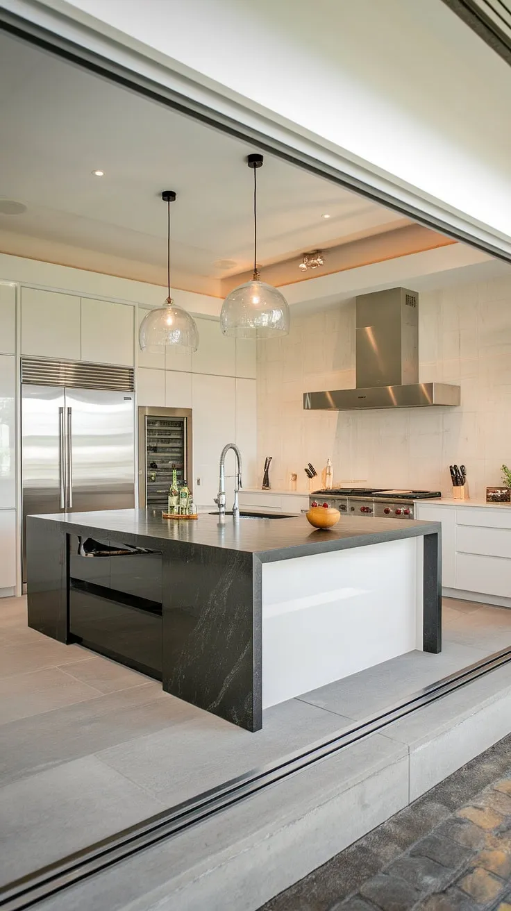 A dream kitchen awaits. Clean lines, premium materials, and a spacious island with a black countertop and white sink are the heart of this stunning, open-plan design. The stainless steel appliances and white cabinetry complete the picture of sophisticated modern living.