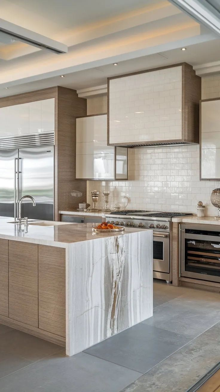 Modern luxury redefined. The seamless flow between living and kitchen spaces, highlighted by the expansive marble island and sleek stainless steel appliances, creates a culinary haven where sophistication meets effortless functionality. A true testament to refined living.