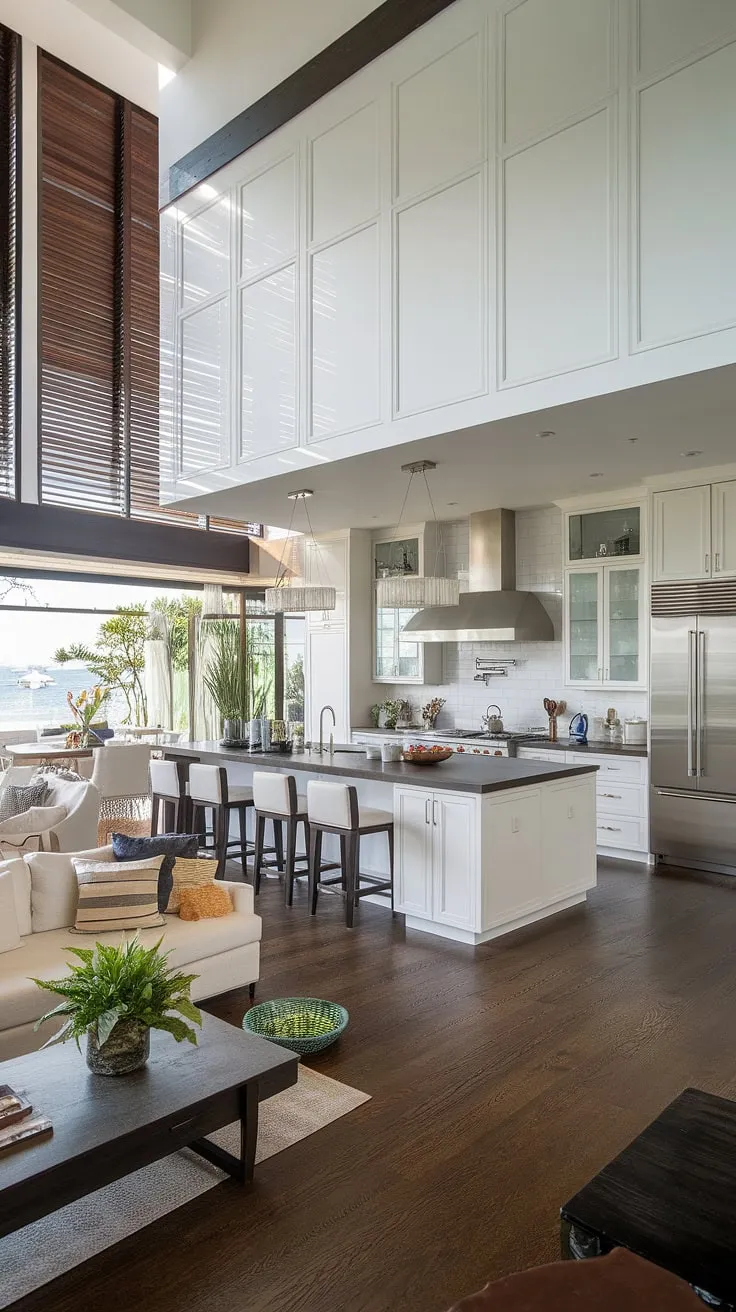 Modern luxury redefined. This open-concept kitchen seamlessly blends sleek stainless steel appliances, crisp white cabinetry, and a dramatic dark island, creating a sophisticated heart of the home. The adjacent living area, complete with plush seating and abundant natural light, offers a perfect space for relaxation and entertaining. A sense of effortless elegance permeates every detail.