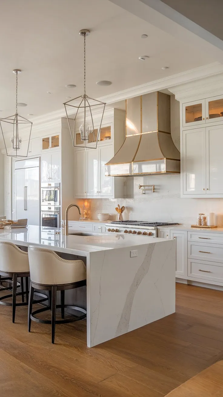 A stunning open-concept kitchen, where culinary artistry meets sophisticated design. The expansive island, complete with a built-in sink and elegant pendant lighting, is the heart of this home. A testament to refined living.