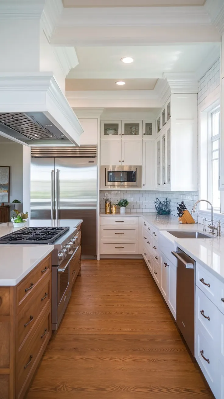 This luxurious kitchen is a testament to minimalist design. The all-white palette, highlighted by the warm tones of the wood flooring, creates a bright and airy atmosphere. The expansive island, complete with a built-in cooktop and sink, is the heart of this stunning space, perfect for both culinary creations and casual gatherings. A true haven for the discerning homeowner.