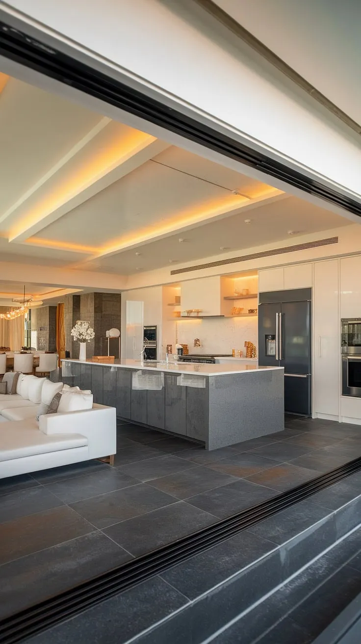 Sophisticated modern living seamlessly blends in this open-concept kitchen and living area. The sleek dark gray countertops and cabinetry, complemented by the bright white sink and appliances, create a stunning contrast. A spacious island anchors the heart of the home, perfect for both culinary creations and casual gatherings. The airy feel is enhanced by the natural light streaming in, illuminating the space and highlighting the luxurious details.
