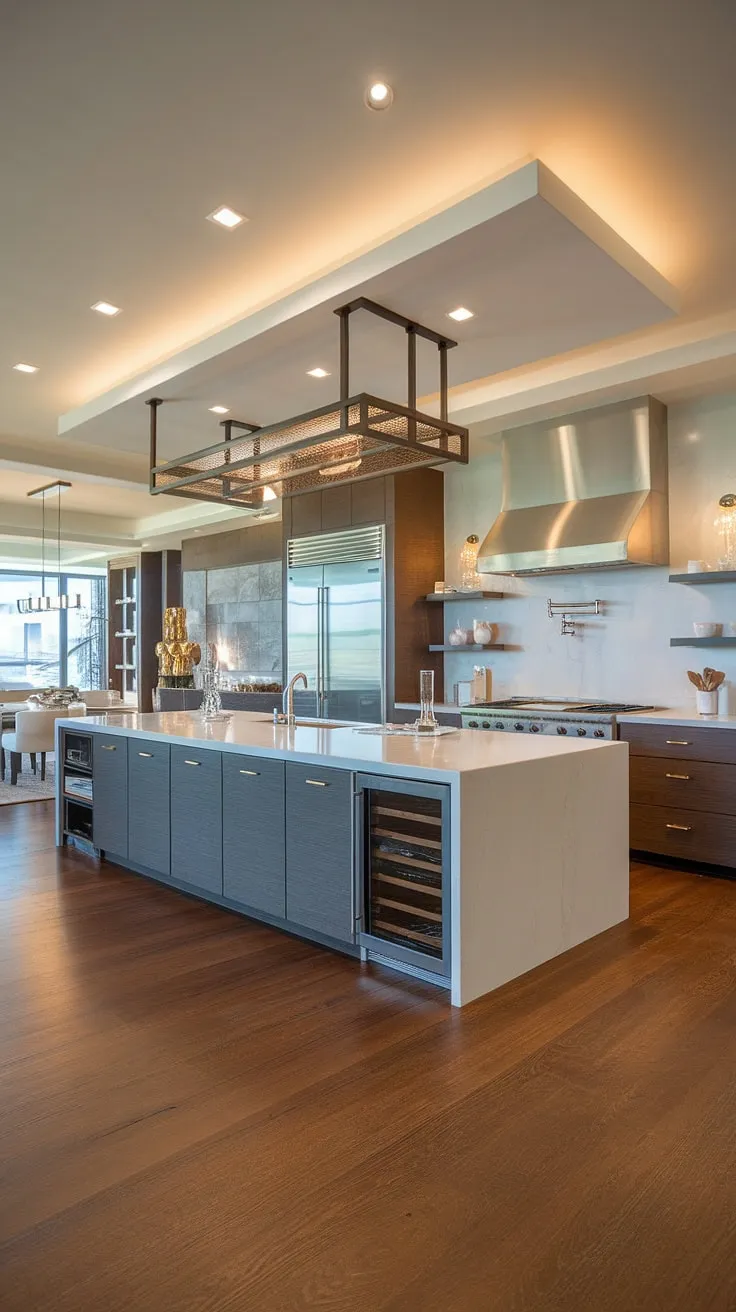 A stunning example of contemporary kitchen design. This bright and airy space boasts a large island, perfect for both meal preparation and casual dining. The integrated appliances, sleek cabinetry, and open layout create a feeling of spaciousness and sophistication, making it the ideal setting for creating unforgettable moments. The thoughtful details, from the pot rack to the carefully chosen shelving, elevate this kitchen to a true masterpiece.
