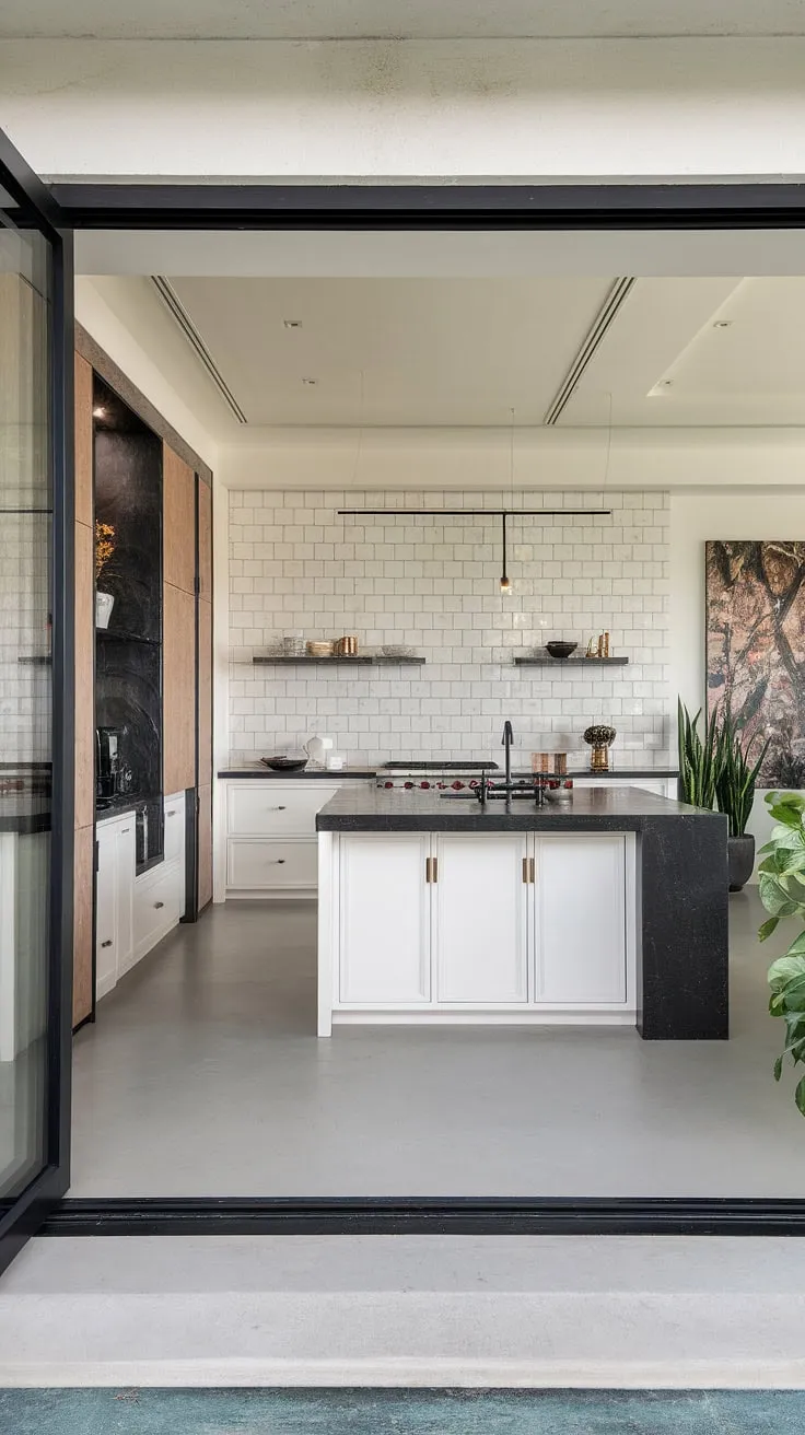 Modern luxury redefined. The sleek black countertops and crisp white cabinetry create a stunning contrast, while the open-concept design seamlessly integrates the kitchen into the heart of the home. A sophisticated space for culinary creativity and effortless entertaining. A testament to refined living.