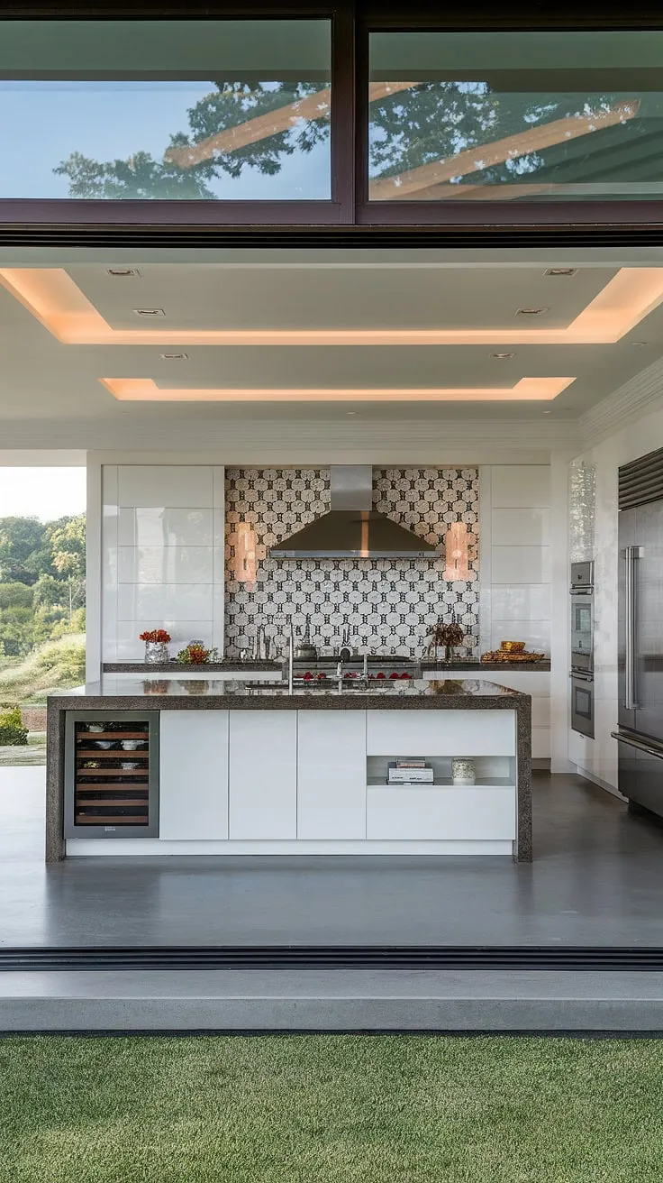 Modern luxury redefined. A sleek, white kitchen with a dark granite island anchors this open-concept space, seamlessly blending sophisticated design with breathtaking views. The geometric tile backsplash adds a touch of artistry, while the stainless steel appliances and grey concrete floors complete the A-list aesthetic.