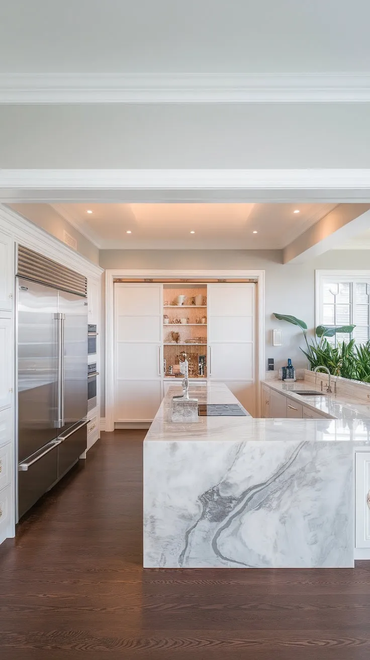 Modern luxury redefined. This open-concept kitchen boasts sleek stainless steel appliances, a stunning marble island with a built-in sink, and ample storage cleverly concealed behind sliding doors. The warm wood floors and soft grey walls create a sophisticated ambiance, perfectly complemented by the lush greenery near the window, offering a tranquil escape in the heart of the home. A truly exceptional space.
