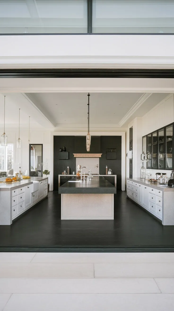 A stunning open-concept kitchen where clean lines and contrasting colors meet. The spacious island, complete with a stylish sink, is the heart of this home, a testament to elegant design and effortless living.