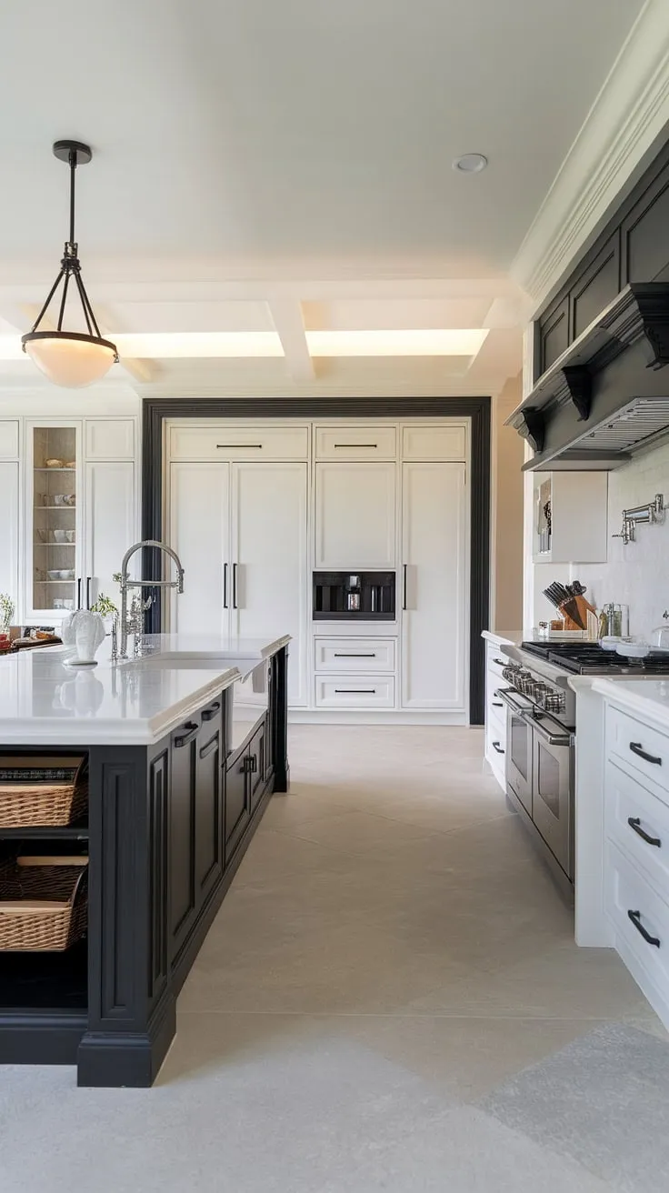 Sleek lines and sophisticated style define this modern kitchen. The expansive island, complete with a stainless steel sink and convenient basket drawer, is the heart of this open-concept space, perfectly complemented by the white cabinetry and grey tile flooring. A statement pendant light adds the finishing touch.