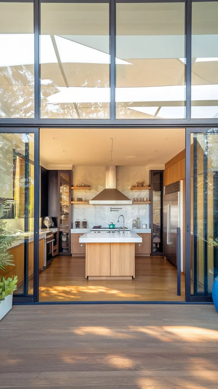 This stunning kitchen seamlessly blends luxury and functionality. The abundance of natural light, thanks to the floor-to-ceiling glass, creates a bright and airy atmosphere. A perfect space for both everyday meals and grand entertaining.