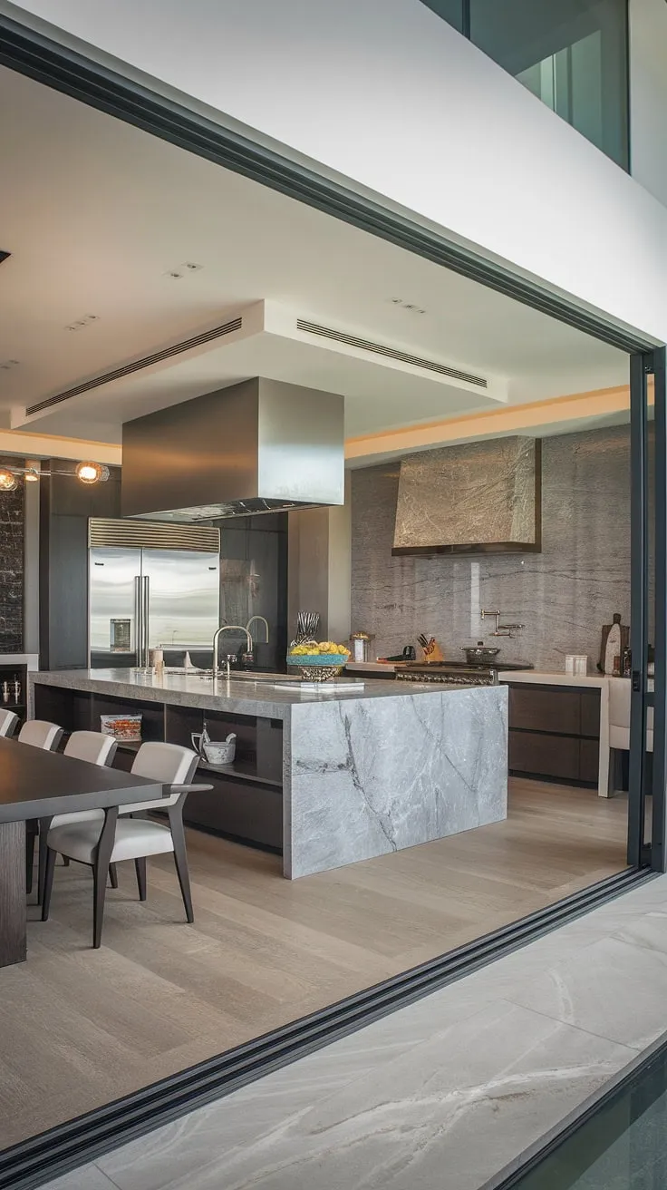 This stunning open-concept kitchen seamlessly blends modern luxury with effortless functionality. The expansive marble island, complete with integrated sink and a sleek range hood, is the heart of this culinary haven, perfectly complemented by the dark cabinetry and grey backsplash. Natural light floods the space through the large window, illuminating the light wood floors and creating a warm and inviting atmosphere. A nearby dining table completes the picture, making this the perfect space for both cooking and entertaining.