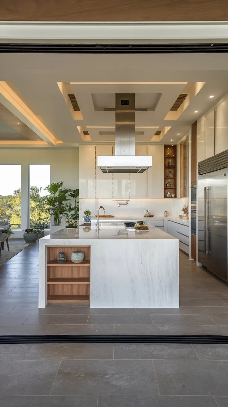 Sunlight dances across the gleaming white cabinetry and cool grey tiles of this open-concept kitchen. A luxurious marble island anchors the space, providing both a practical workspace and a beautiful focal point. The seamless integration of natural elements, like the potted plants, adds a touch of warmth and serenity to this sophisticated culinary haven. A dream kitchen come to life.