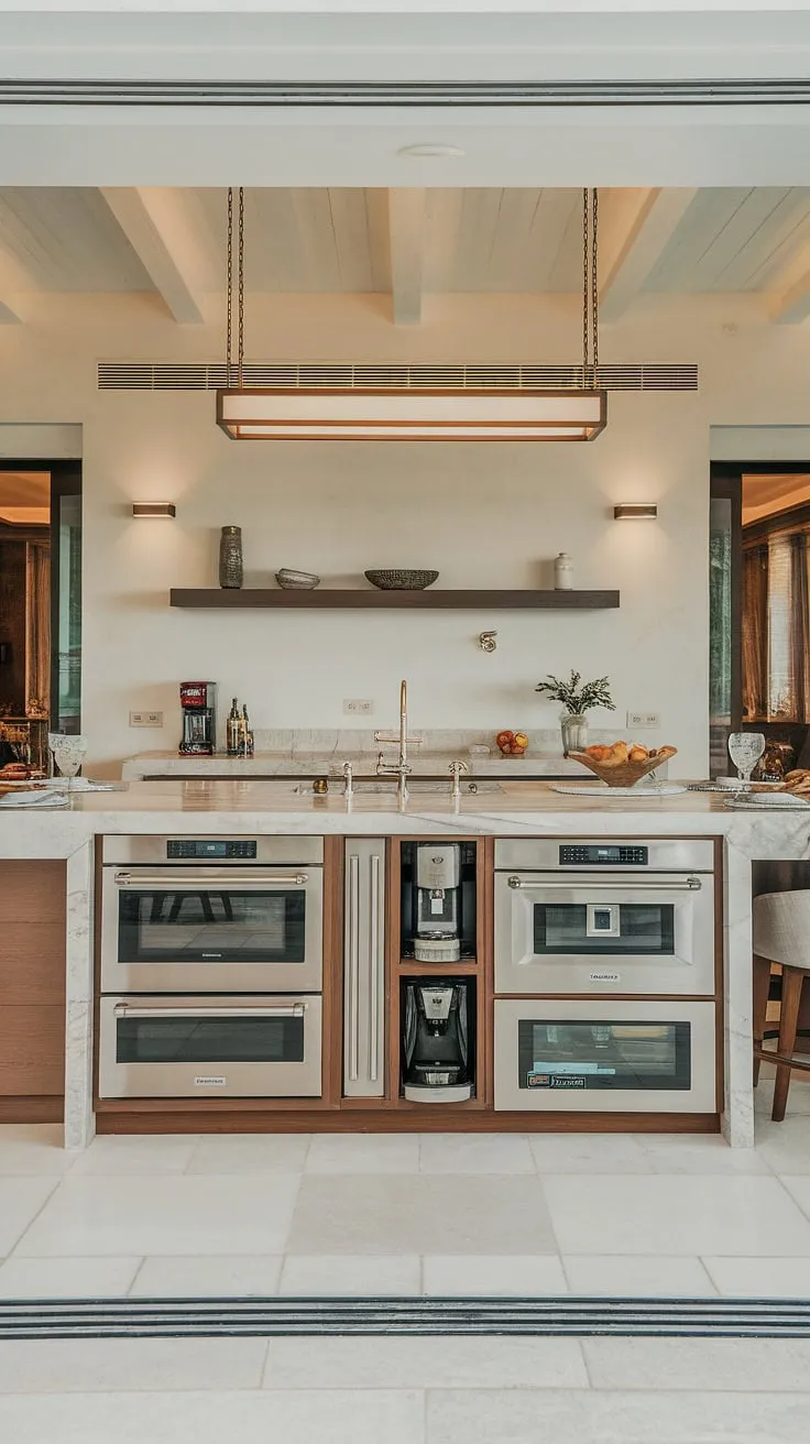 Modern luxury redefined. This open-concept kitchen boasts a stunning marble island, complete with a double oven, built-in coffee maker, and ample sink space – the perfect blend of form and function. A floating shelf adds a touch of elegance, while the spacious design ensures effortless entertaining.