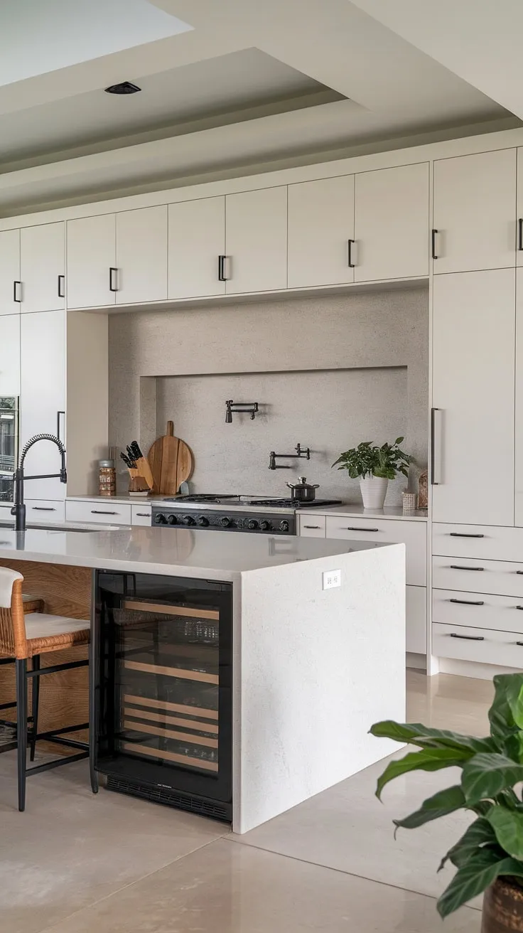 This open-concept kitchen is the epitome of modern elegance. The expansive island, complete with a black sink and appliance garage, offers both style and practicality. A sophisticated color palette and textured backsplash elevate the design, creating a space that is both beautiful and functional. The addition of a potted plant brings a touch of nature indoors.