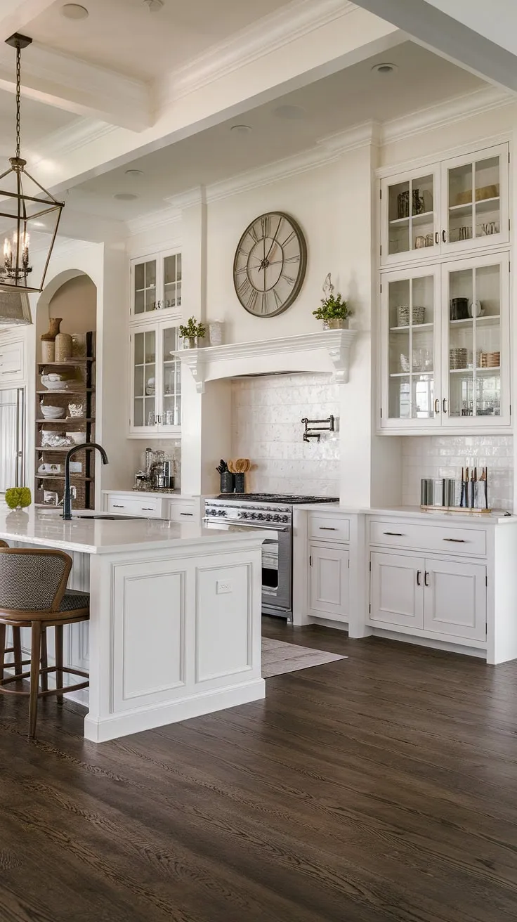 Sleek lines and a sophisticated palette define this open-concept kitchen. The expansive island, complete with a black sink and white countertop, anchors the space, while glass-fronted cabinets showcase a curated collection of culinary essentials. A perfect blend of form and function, this kitchen is a testament to modern luxury.