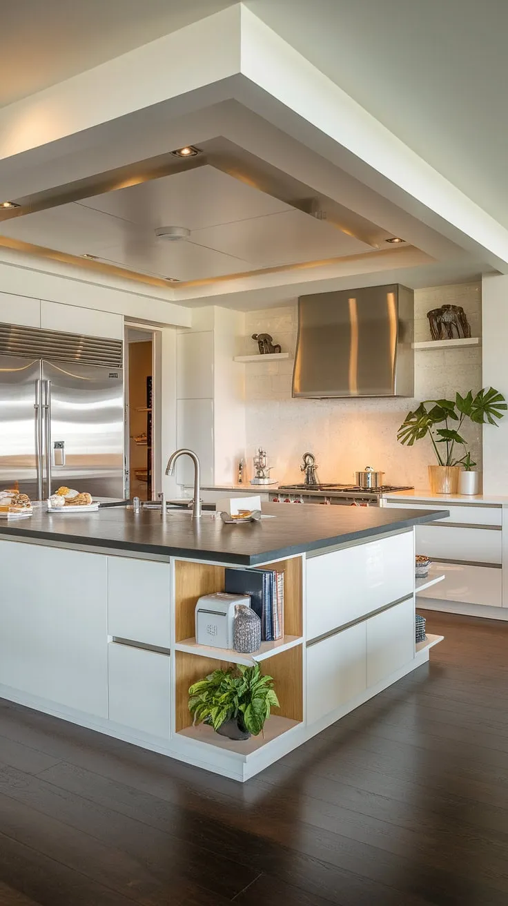 The spacious kitchen, a haven of modern design, boasts a luxurious aesthetic. A large island with a dark countertop anchors the room, providing ample workspace and a stylish focal point. The white cabinets and stainless steel appliances offer both practicality and a clean, contemporary feel, while the dark wood floors add warmth and depth. A truly inspiring space for culinary creativity and effortless entertaining.